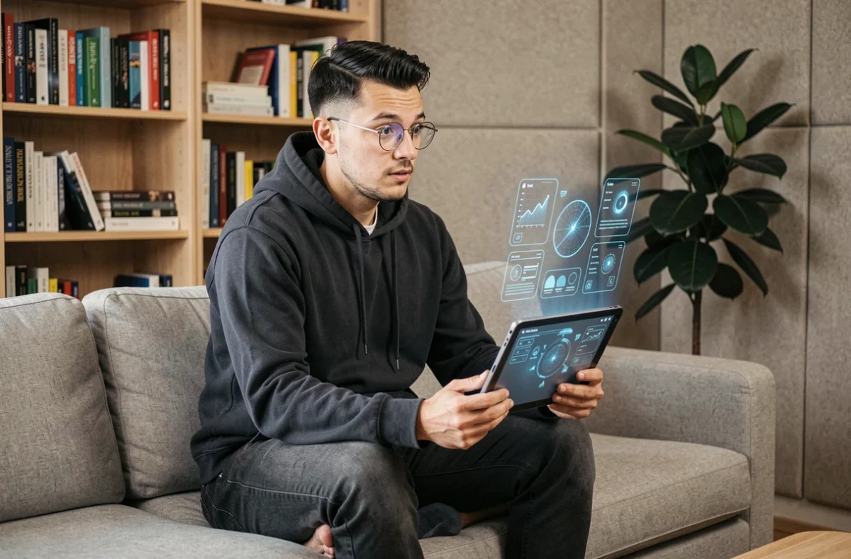 Jeune homme utilisant une tablette avec interface en réalité augmentée dans un espace de travail à domicile
