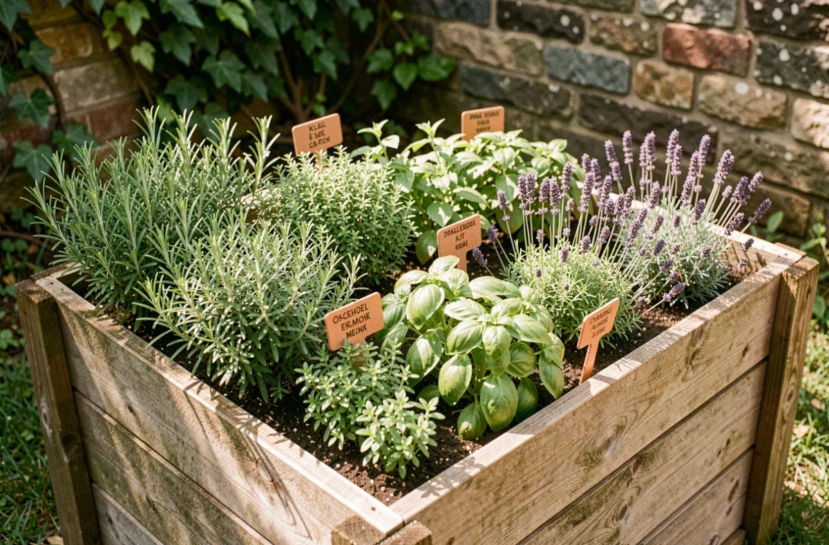 Jardin aromatique surélevé en bois rustique avec herbes aromatiques variées comme romarin, thym, basilic et lavande, avec étiquettes en terre cuite