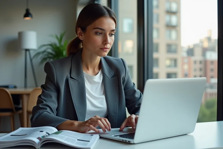 Jeune femme professionnelle lisant des actualites tech