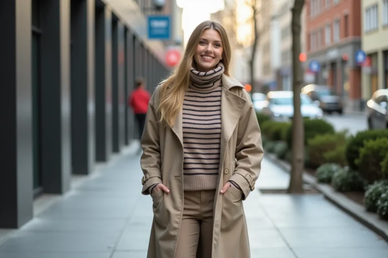Jeune femme mode urbaine en trench et pantalon large