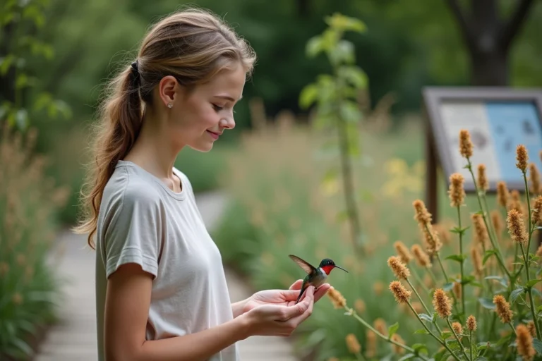 Jeune femme observant un colibri dans un jardin botanique