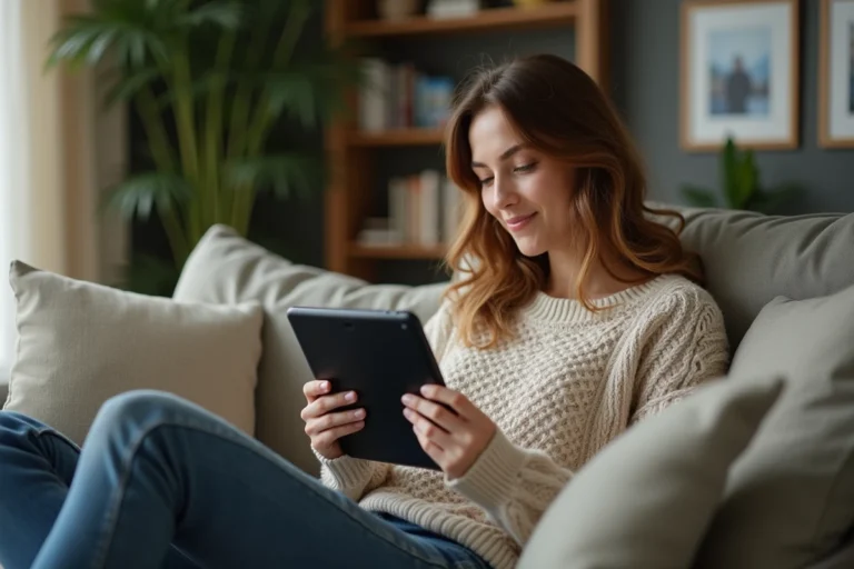 Jeune femme regardant une plateforme de streaming sur tablette