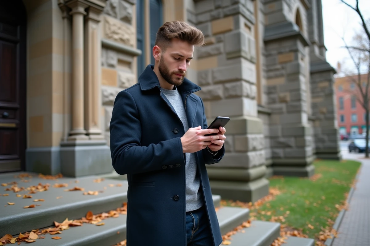 Jeune homme consultant les actualités chrétiennes sur smartphone devant une église historique en pierre en automne