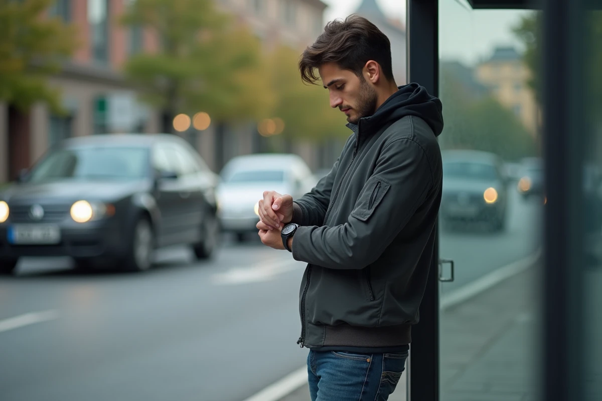 Jeune homme regardant sa montre à un arrêt de bus en ville