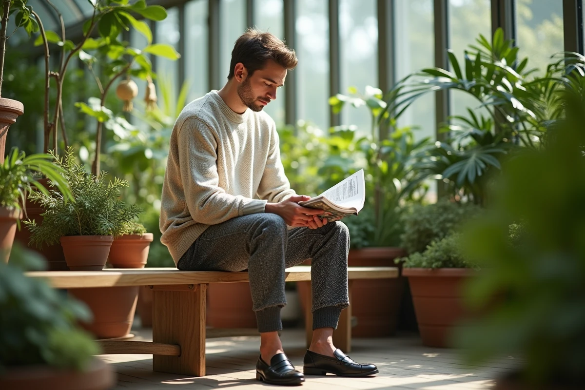 Jeune homme dans une serre botanique en intérieur