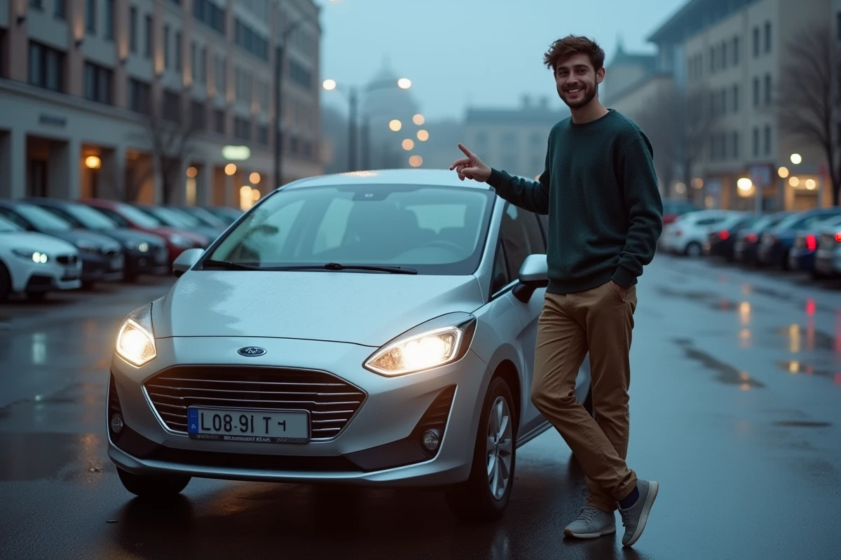 Jeune homme pointant les feux de croisement allumés à côté de sa voiture