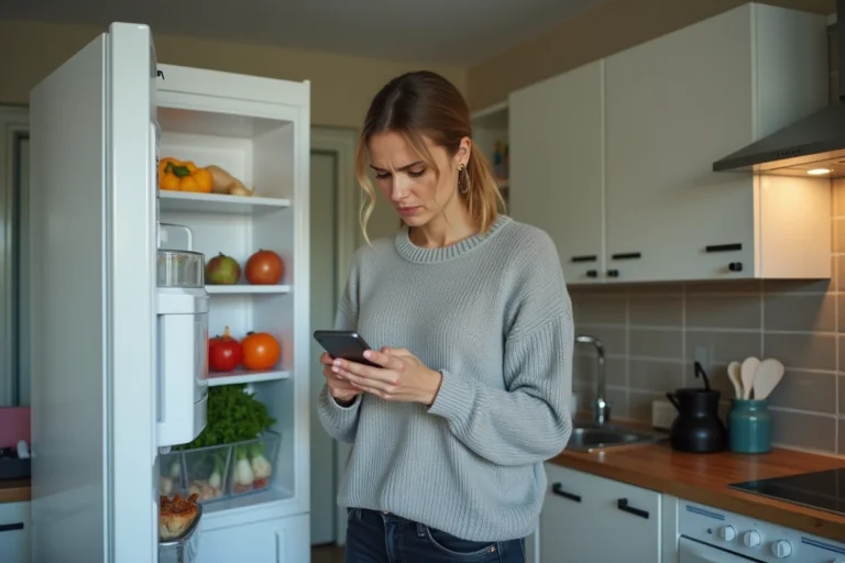 Locataire inquiète devant un réfrigérateur en panne dans un appartement meublé, tenant son téléphone pour contacter le propriétaire