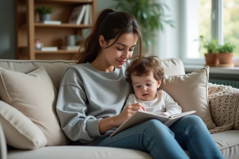 Maman et bébé dans un salon chaleureux et cosy