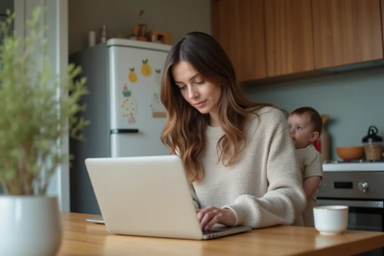 Maman multitaskant avec bébé dans la cuisine chaleureuse
