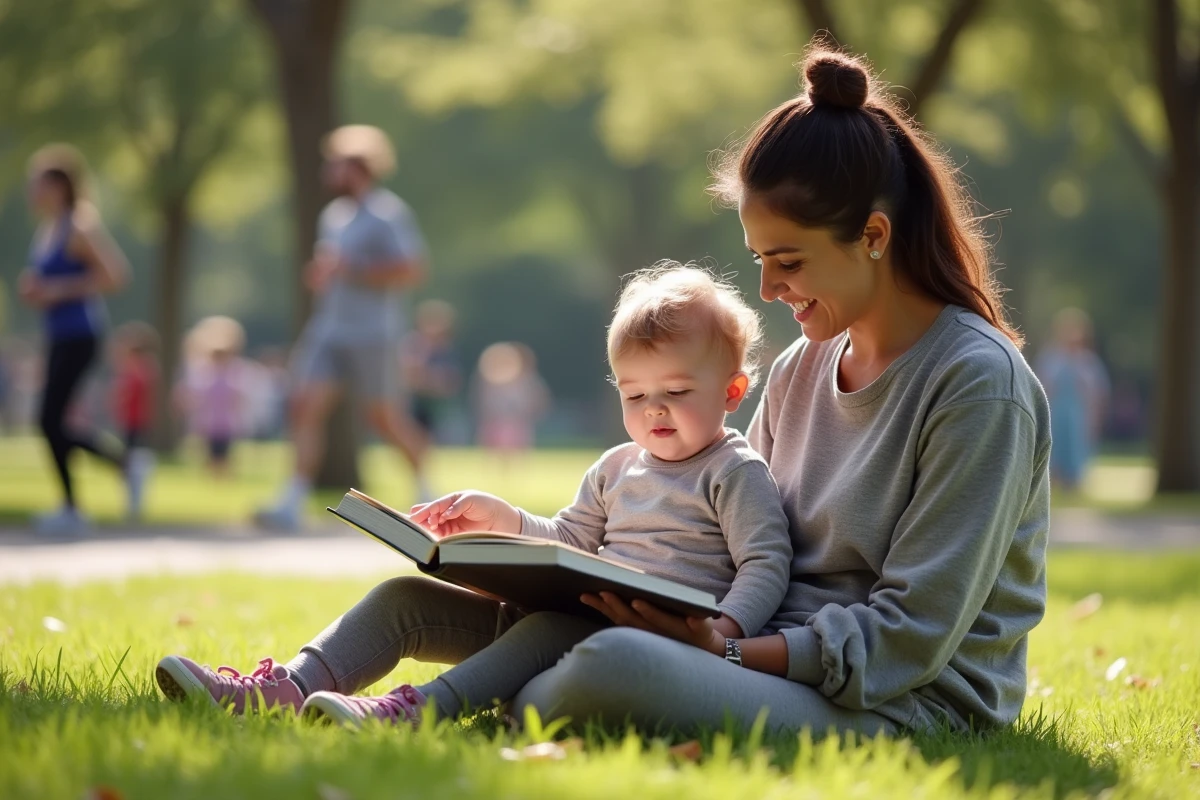 Maman lisant avec son enfant dans un parc ensoleille