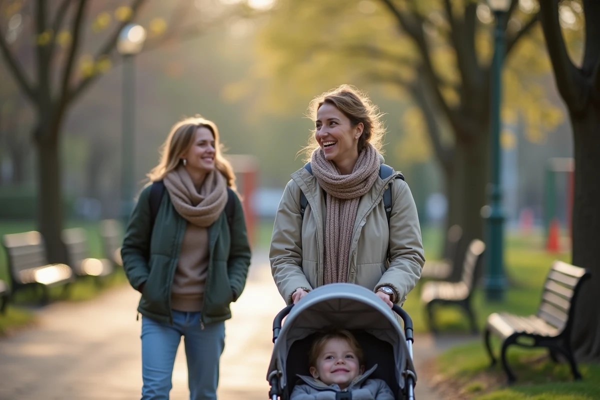 Maman et amie discutant dans un parc en plein air