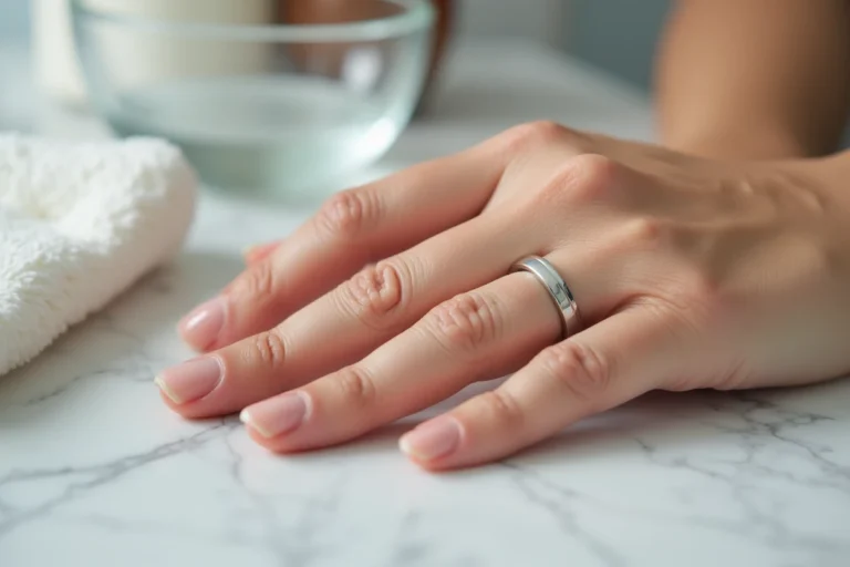 Marque de bague visible sur le doigt d'une femme posé sur un comptoir en marbre blanc avec un bol d'eau et un tissu doux