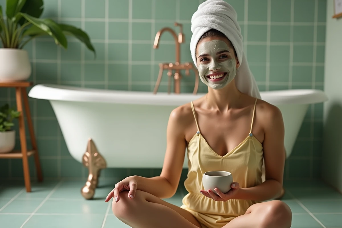 Jeune femme appliquant un masque visage à l'argile dans une salle de bain cosy aux murs vert sauge