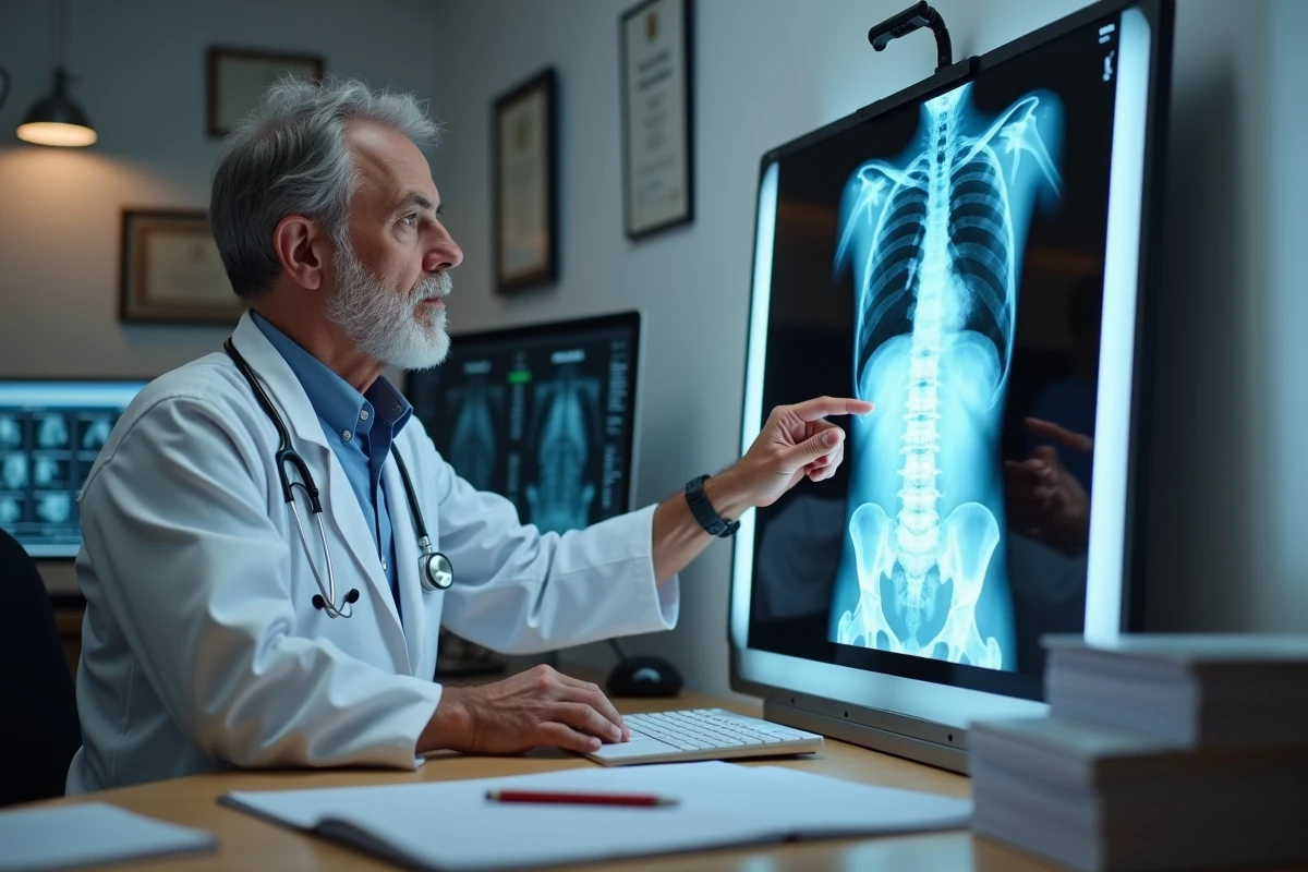 Médecin consultant une radiographie du sacrum et du bassin sur un négatoscope en cabinet médical