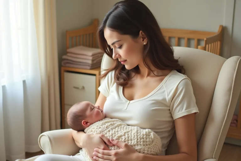 Jeune mère tenant son nouveau-né contre sa poitrine dans une chambre de bébé chaleureuse et décorée avec soin