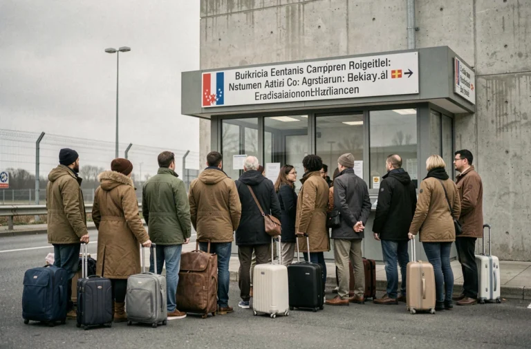 Groupe de migrants adultes avec bagages devant un poste frontière européen, illustration des flux migratoires en Europe