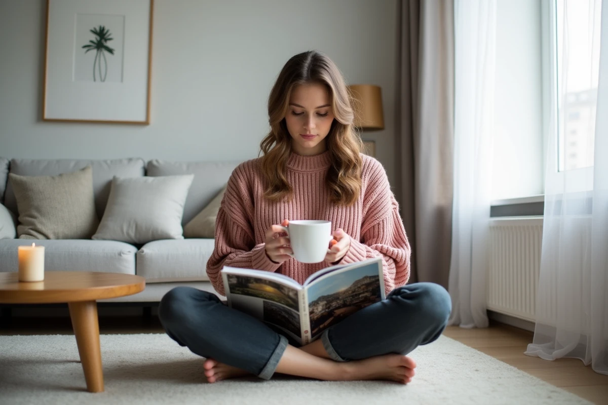 Jeune femme détendue sur un canapé en lin gris lisant un magazine lifestyle avec une tasse de café dans un appartement minimaliste