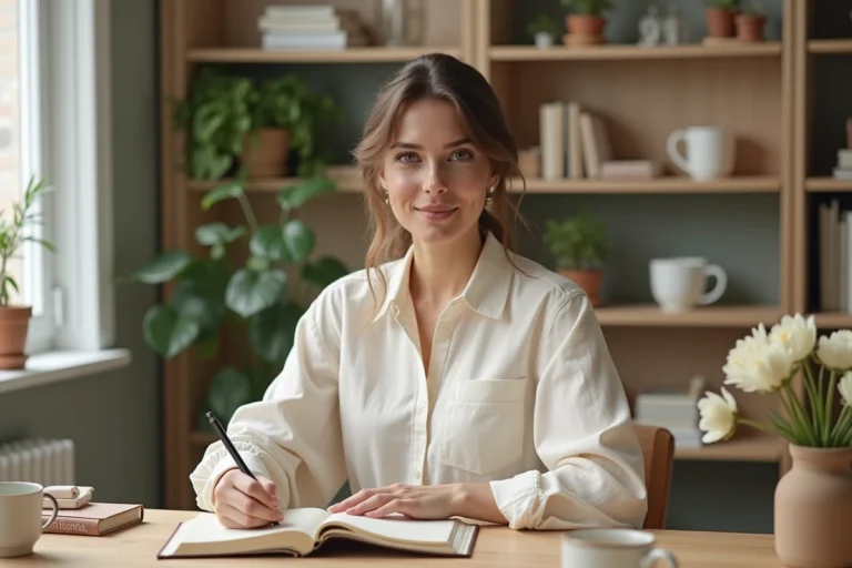 Jeune femme écrivant dans un journal dans un bureau home office au style scandinave épuré, entouré de plantes et de livres