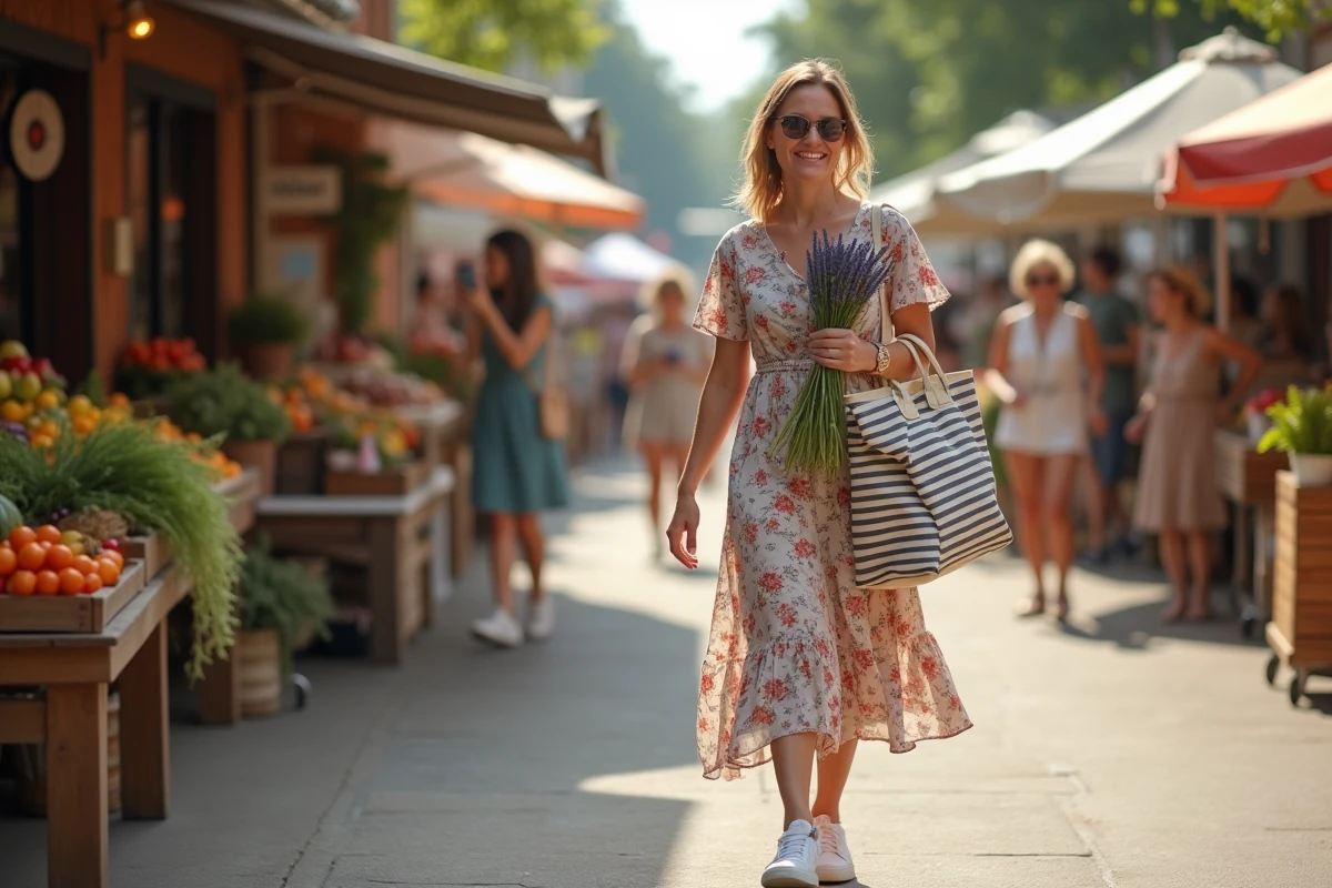 Femme souriante au marché local tenant un bouquet de lavande fraîche, entourée d'étals colorés de produits de saison