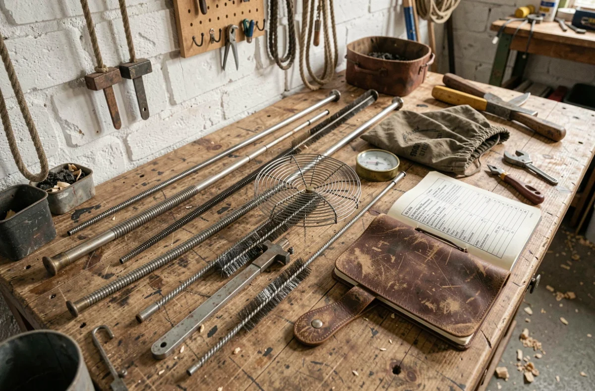 Outils de ramonage professionnels disposés sur un établi dans un atelier de ramoneur dans les Ardennes