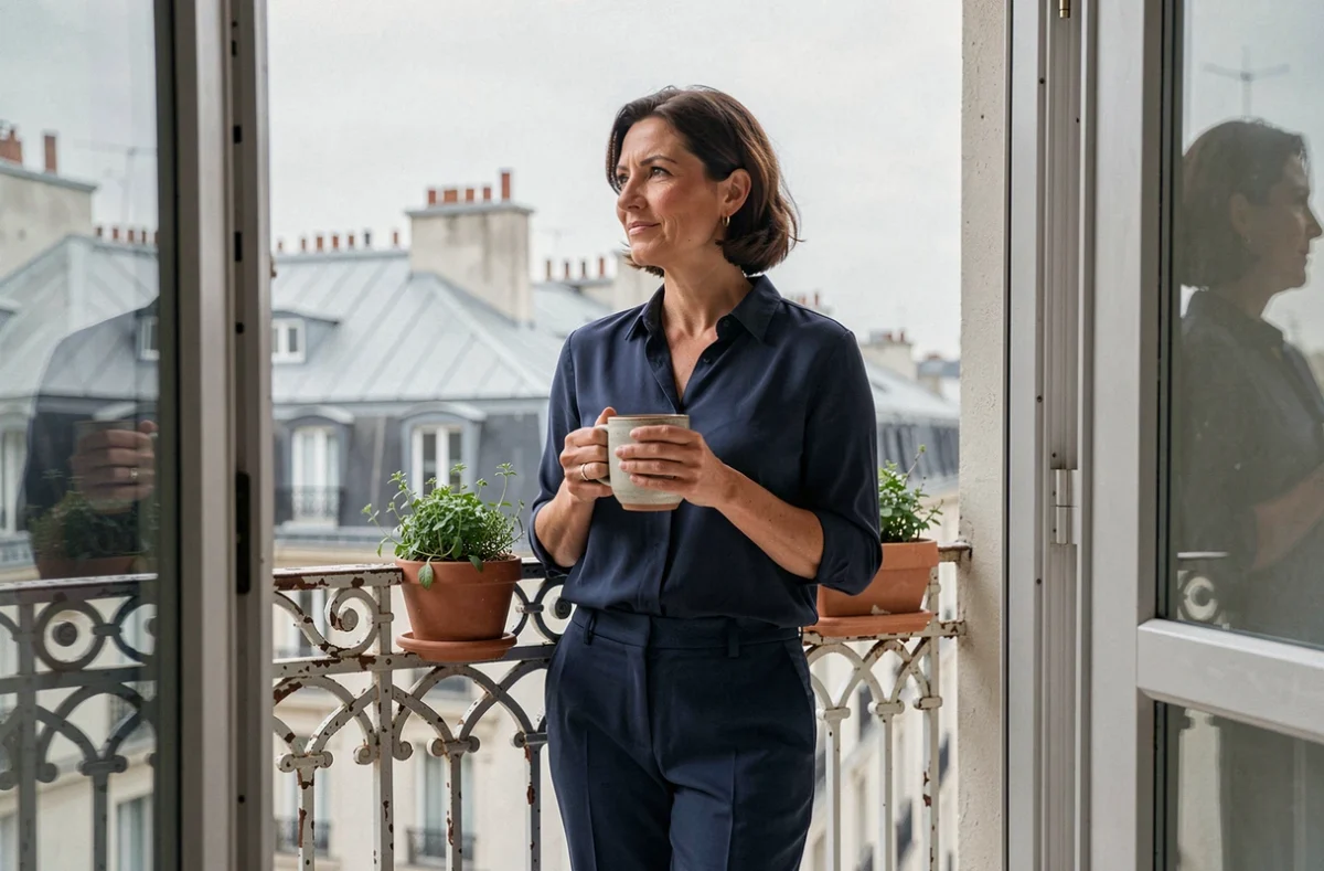 Femme faisant une pause sur un balcon haussmannien avec vue sur les toits de Paris, symbole d'équilibre entre travail et bien-être