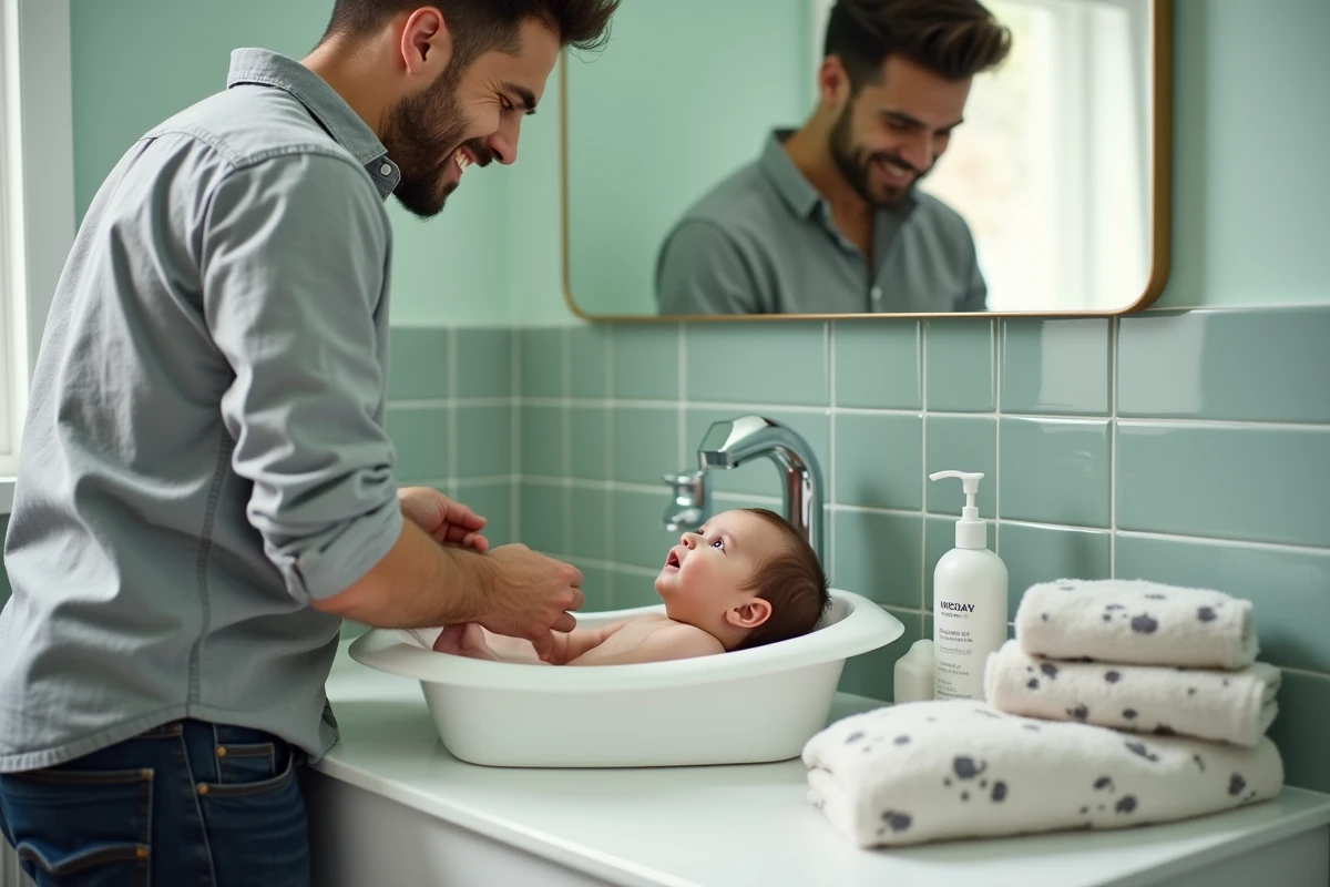 Père donnant le bain à son nouveau-né dans une salle de bain moderne avec des accessoires de puériculture adaptés