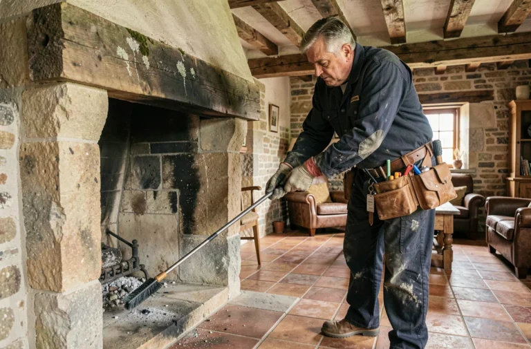 Ramoneur professionnel effectuant le ramonage d'une cheminée en pierre dans une ferme ardennaise
