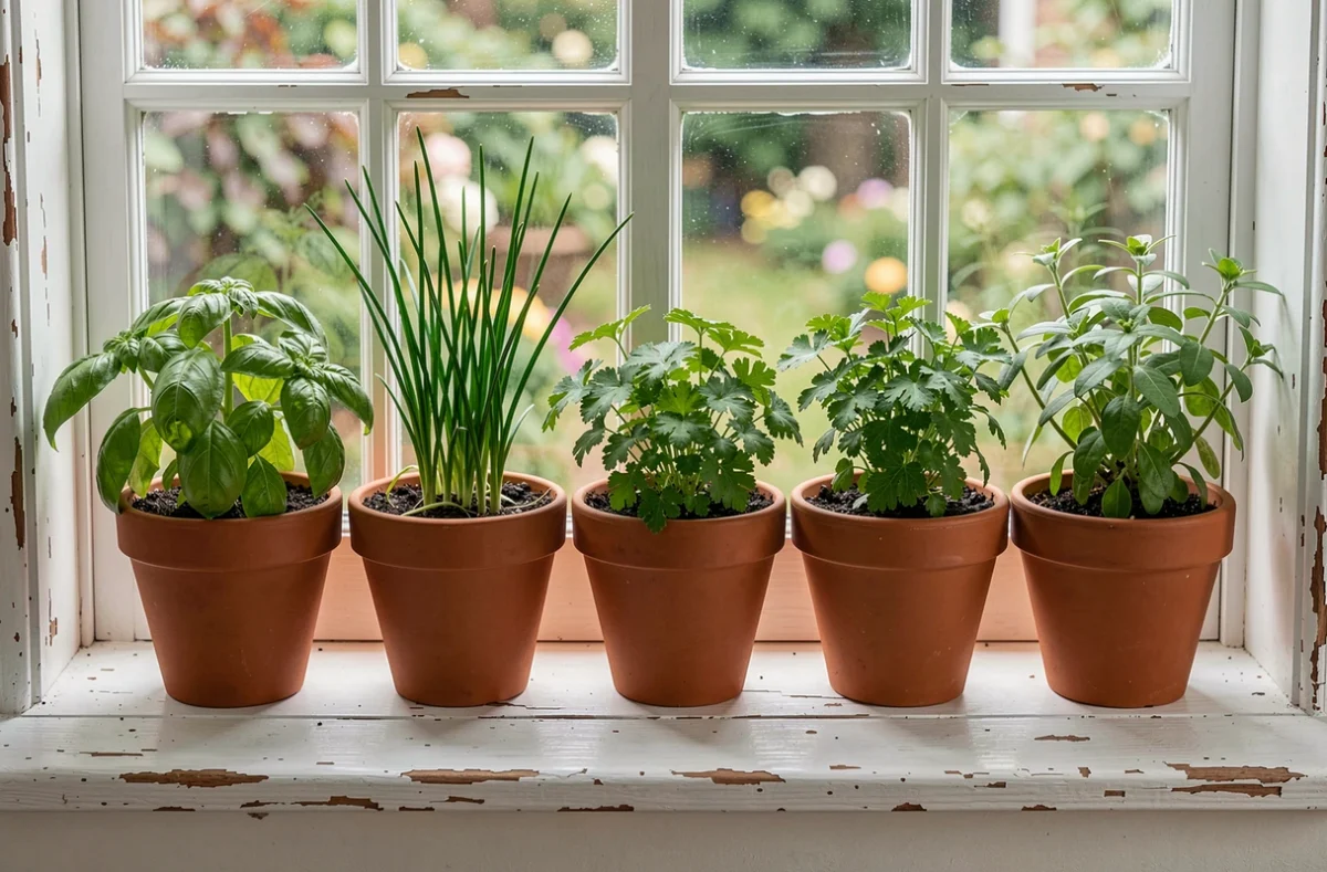 Rangée de pots en terre cuite sur un rebord de fenêtre avec herbes aromatiques fraîches dont basilic, ciboulette, coriandre, persil et origan