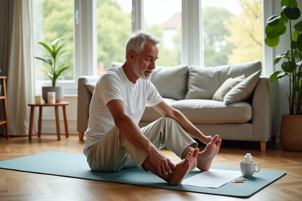 Homme âgé effectuant des exercices de rééducation douce sur un tapis de yoga à domicile après une fracture du sacrum