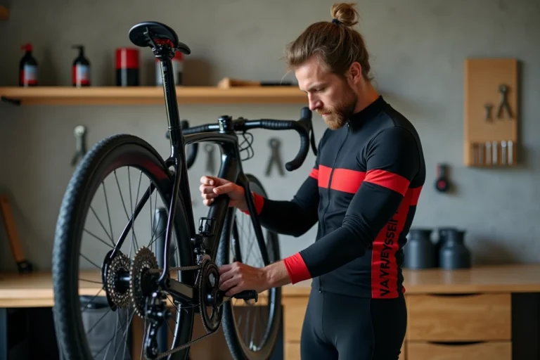 Cycliste ajustant le dérailleur de son Van Rysel RCR Pro sur un pied d'atelier dans un garage minimaliste