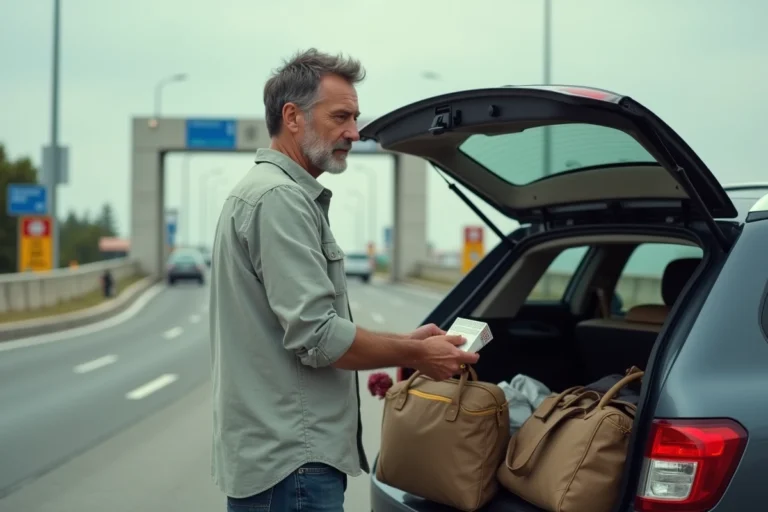 Voyageur français plaçant des cartouches de cigarettes dans un sac de voyage au poste frontière espagnol, illustrant la réglementation douanière sur le tabac rapporté d'Espagne en 2026