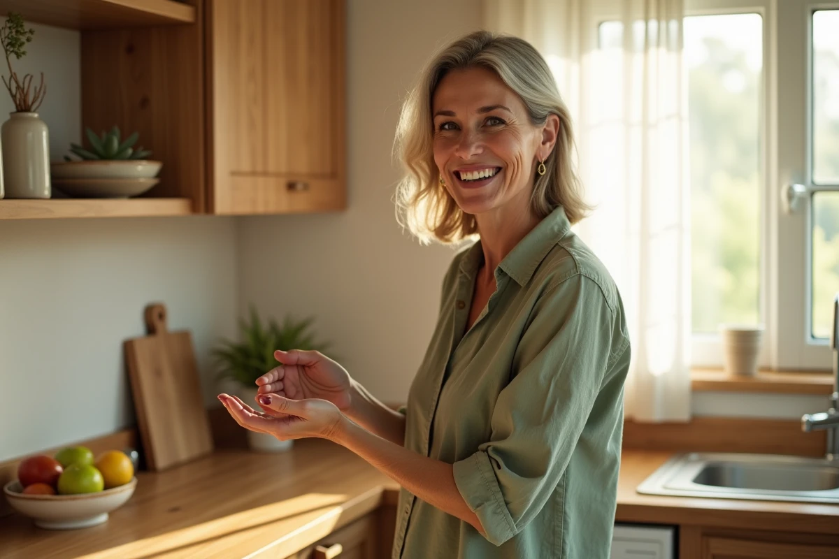 Femme d'une quarantaine d'années prenant soin de ses mains avec une crème hydratante dans une cuisine lumineuse