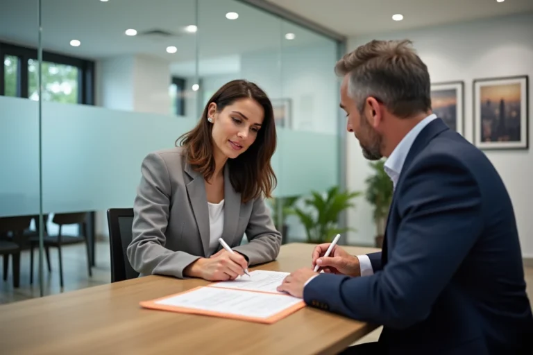 Locataire et propriétaire signant un contrat de location immobilière dans une agence moderne