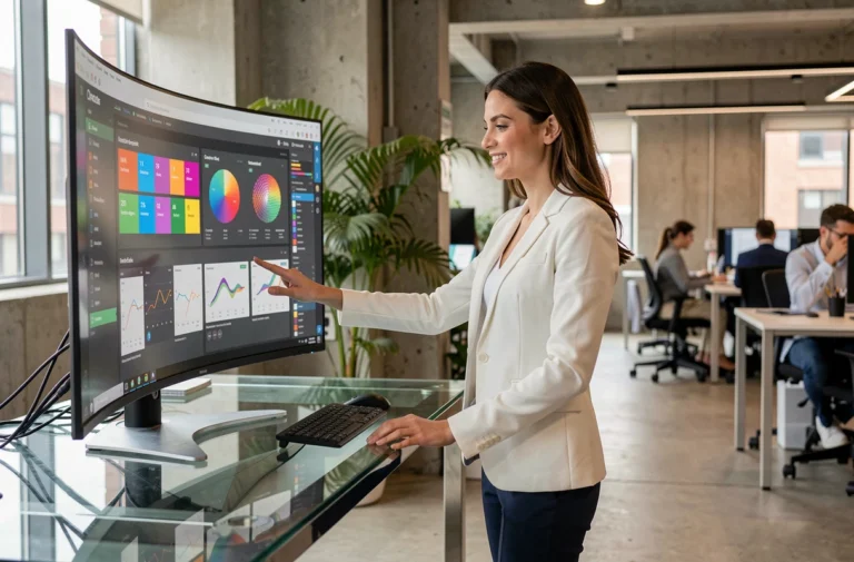 Professionnelle en blazer blanc interagissant avec un écran de données numériques dans un bureau moderne