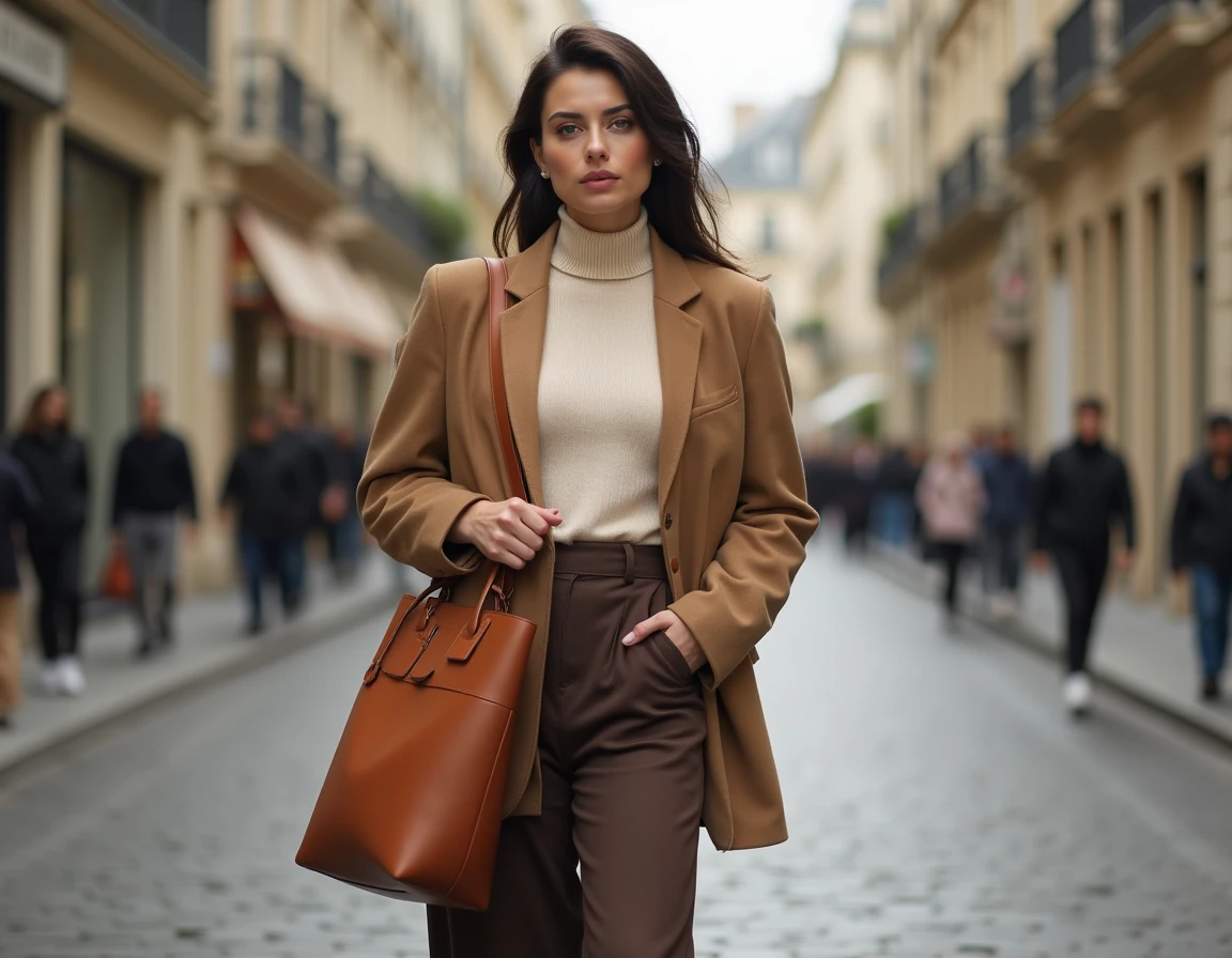 Femme élégante portant un blazer camel oversized et un pantalon large chocolat dans une rue pavée parisienne, tendances mode automne