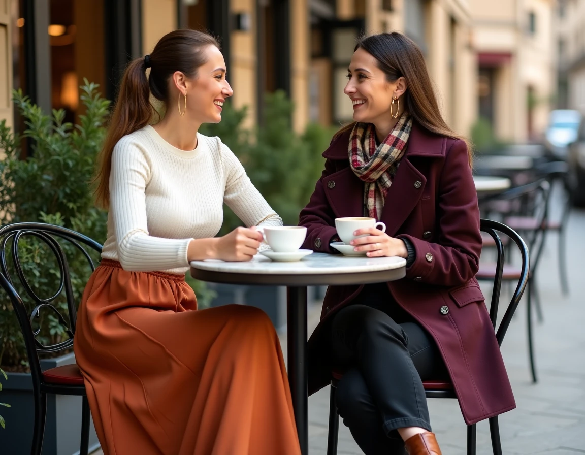 Deux femmes stylées aux tenues tendance automne attablées en terrasse de café parisien, mode féminine saison actuelle