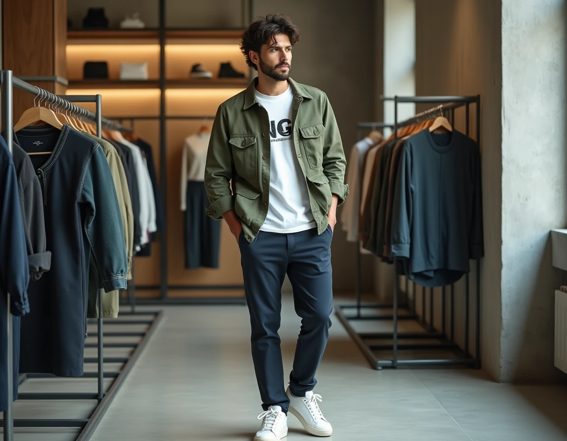 Homme en veste utilitaire vert sauge dans une boutique de mode concept moderne, tendances streetwear masculines de saison
