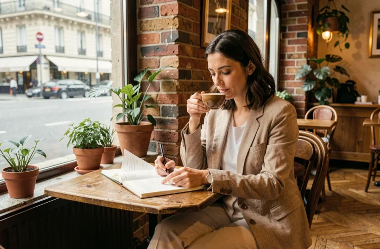Femme travaillant sereinement dans un café parisien avec carnet et café, alliant productivité et bien-être au quotidien