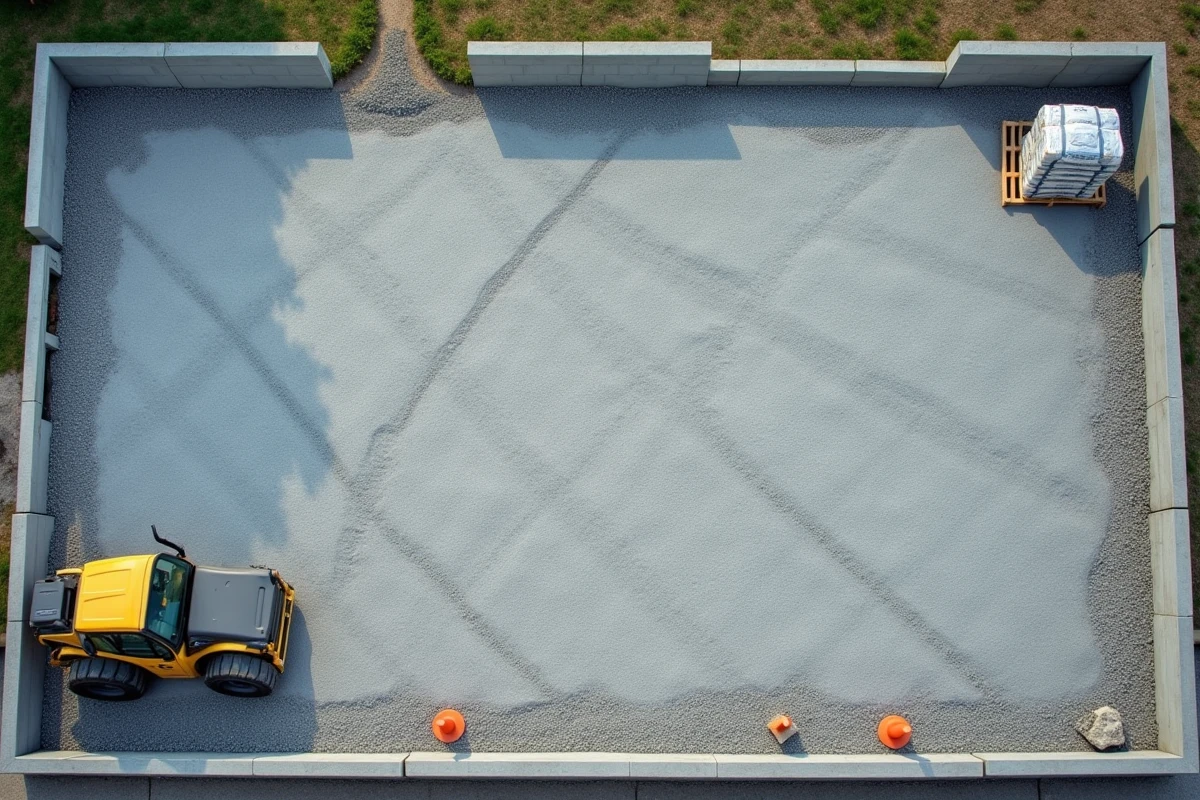 Vue aérienne d'un rouleau compacteur sur une surface de gravier compacté dans un chantier d'aménagement commercial